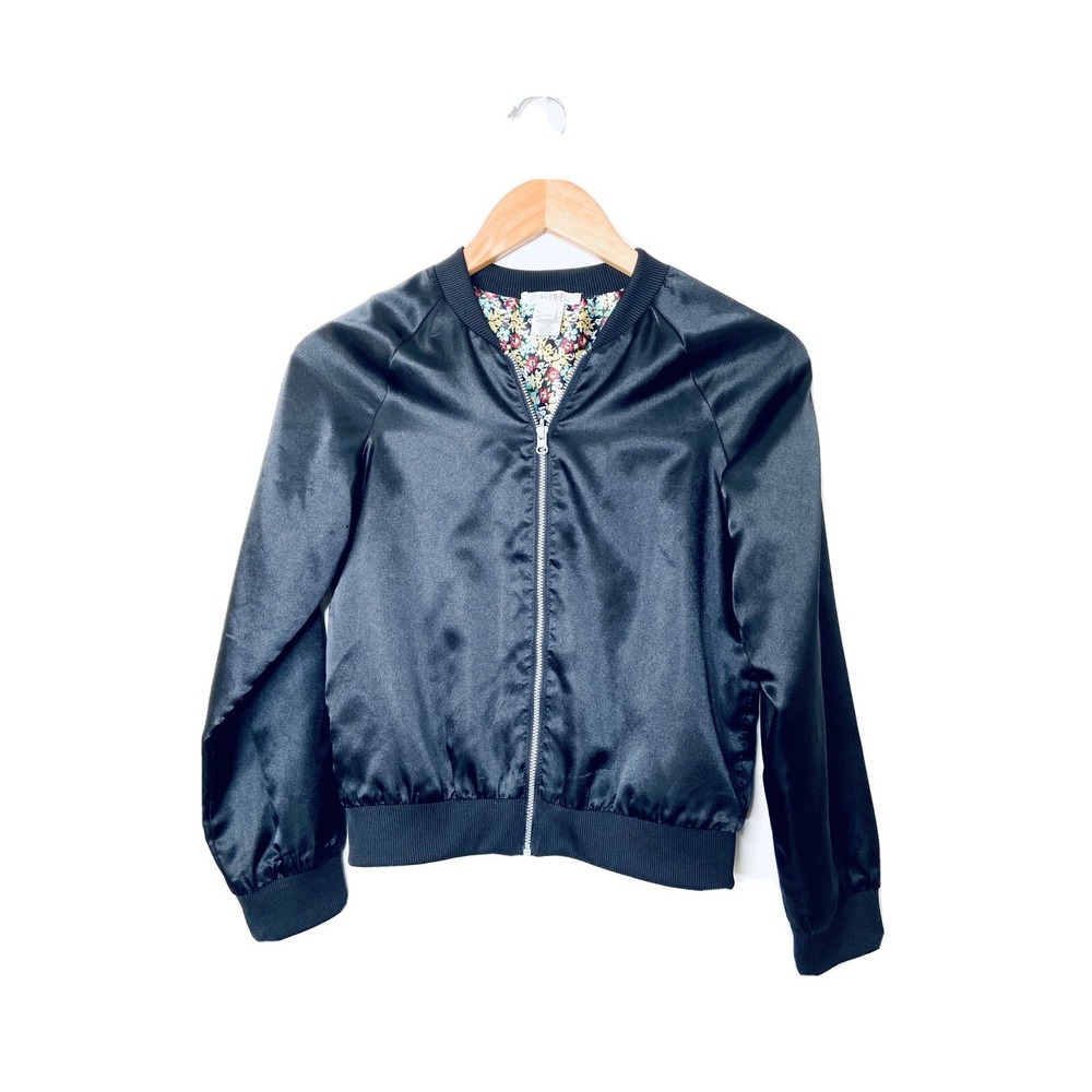 Love Fire Girls Bomber Jacket Black Floral Reversible Size L 13/14 New MSRP $46